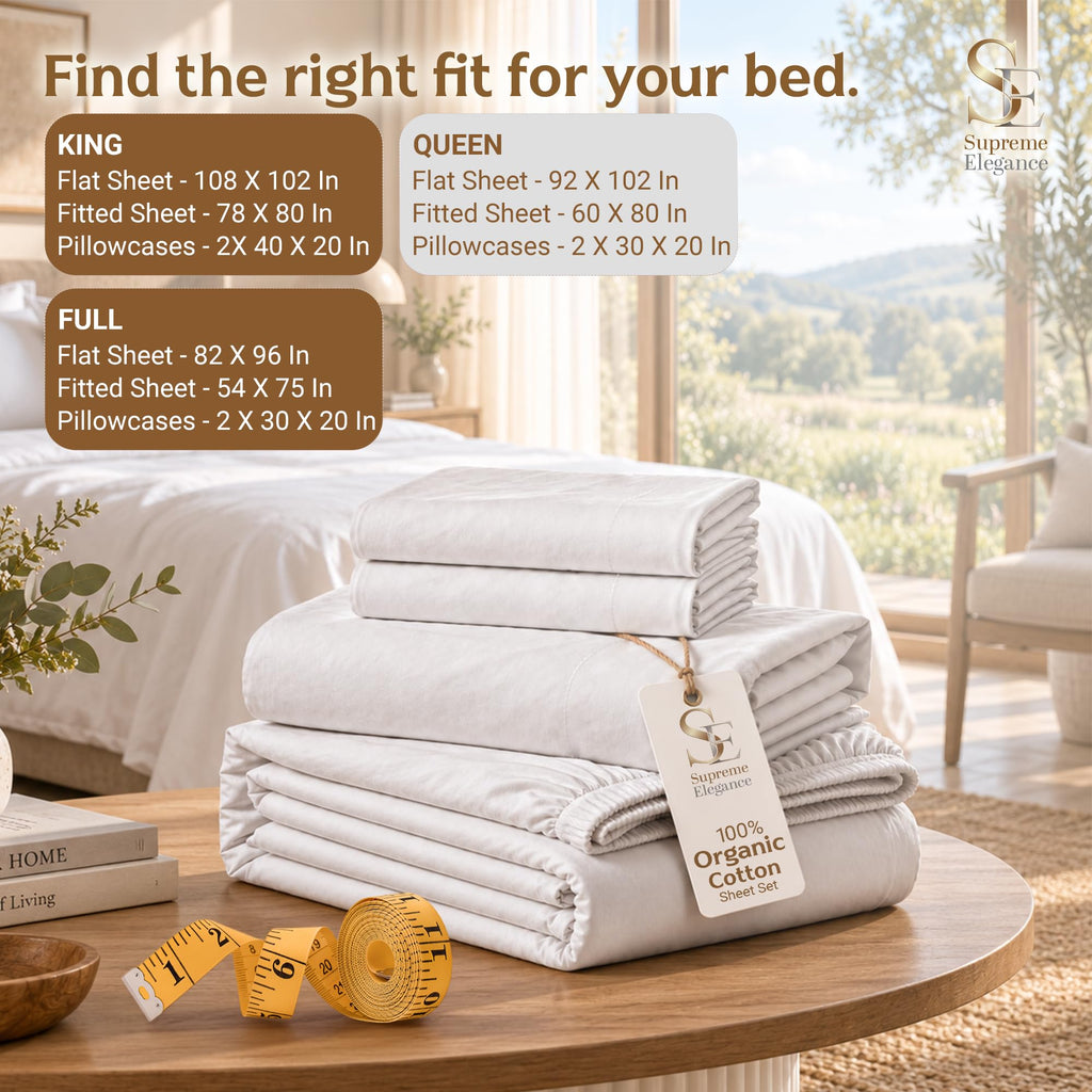 100% Organic Cotton Queen Sheets Set, Percale Snow White