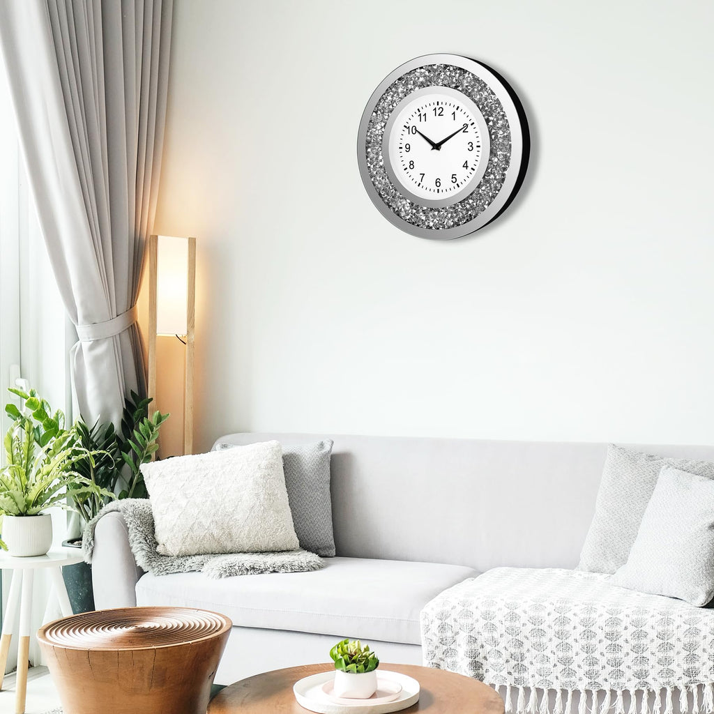 14 Inch Crystal Crushed Diamond Mirrored Wall Clock - Sparkle Twinkle Bling Wall Clock Silver Round Clock Decor