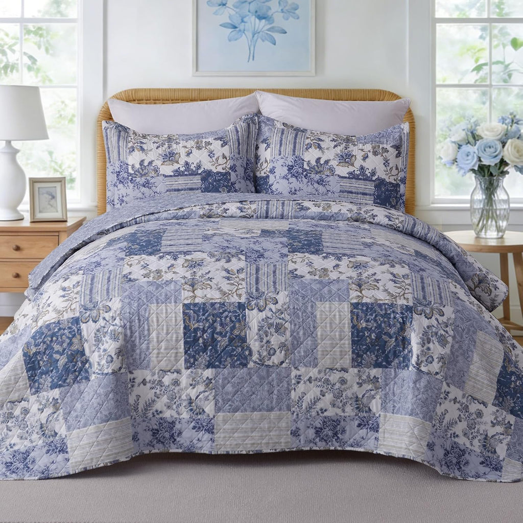 XL Queen Quilt Set 90"x96", Reversible Blue Floral Boho Queen Quilt Bedding Set, Lightweight Spring & Summer