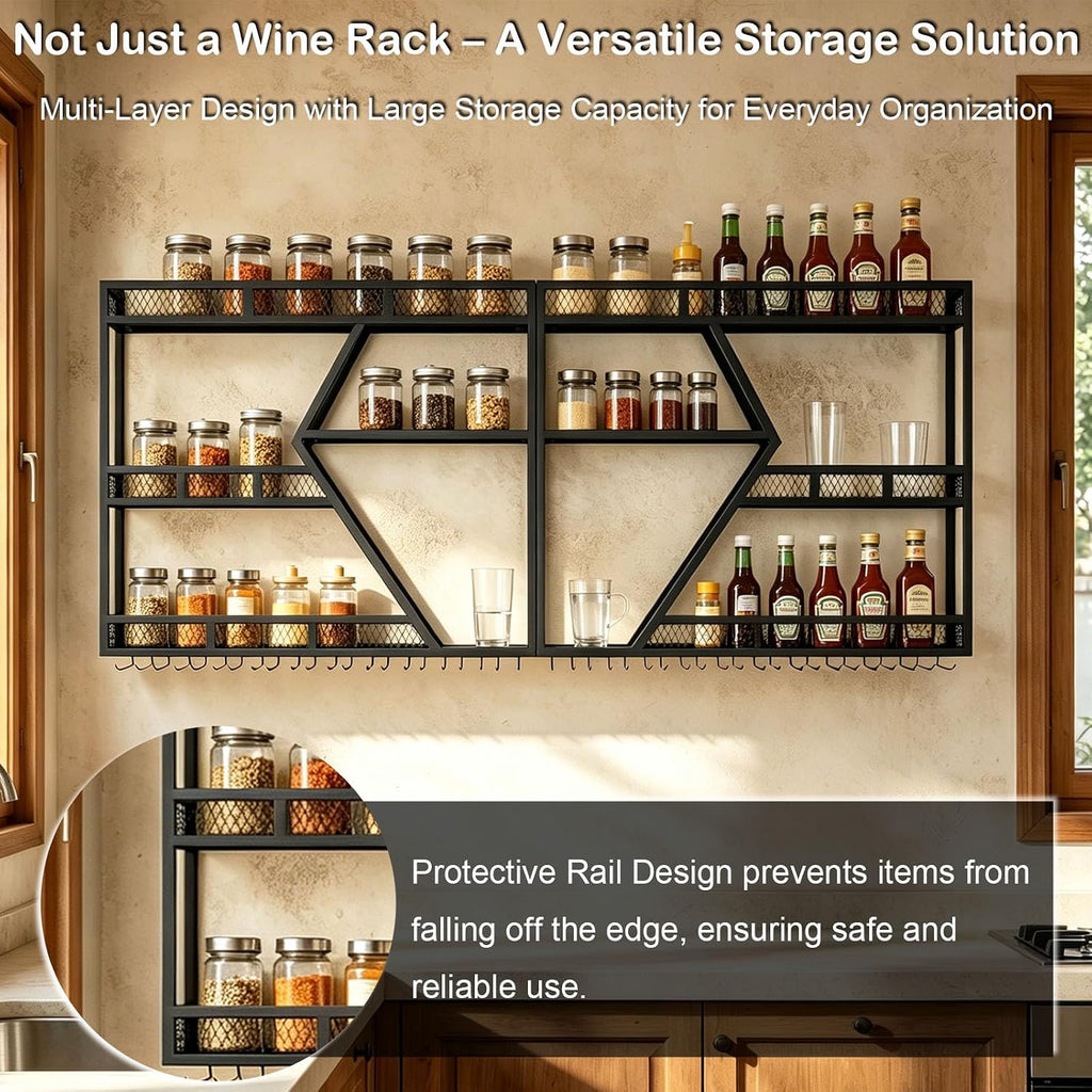 79 Inch Wine Rack Wall Mounted with LED Warm Light, 3-Tier Large Capacity Liquor Shelf with Glass Holder, Industrial