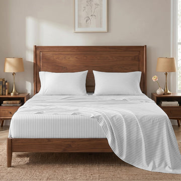 100% Cotton Sateen Queen Sheets Set, Ticking Stripe, for Hot Sleepers