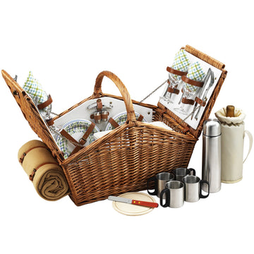 At Ascot Huntsman English-Style Willow Picnic Basket with Service for 4, Coffee Set and Blanket- Designed, Assembled