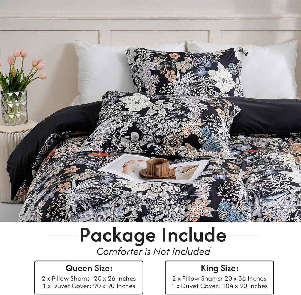 Queen Flower 3 Pcs Duvet Cover Set, Breathable Soft Microfiber Black Lining Comforter Cover with Zipper Closure, and 2 Anti-Pilling, Fade Resistant Pillowcases, Midnight Blossoms
