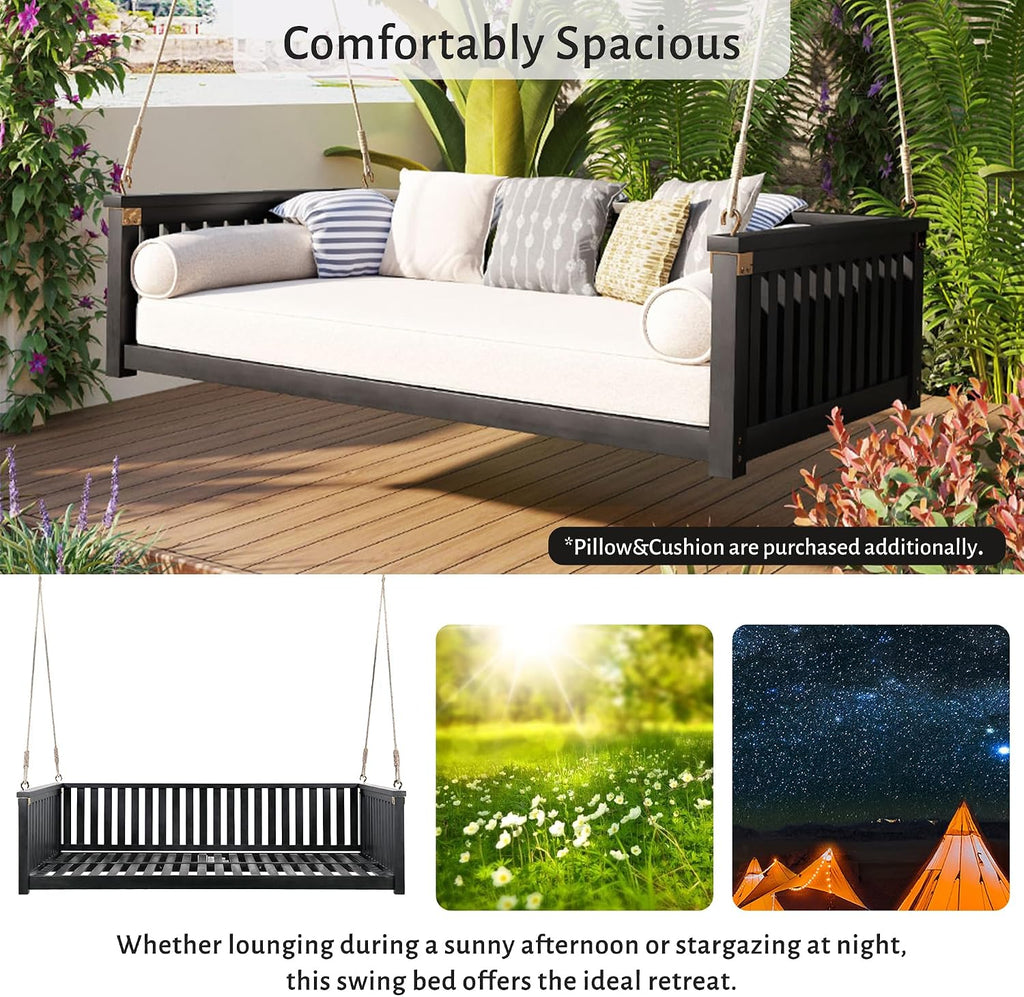Acacia Wood Porch Swing Bed, Twin Size Hanging Daybed with Ropes, Outdoor Patio Bed Swing for Garden, Backyard &