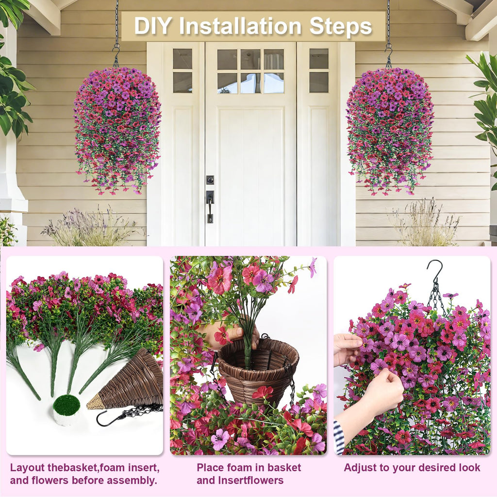Artificial Hanging Flowers with Basket for Outdoor, 4pcs UV Resistant Silk Fake Daisy Flowers, Faux Flower Plants