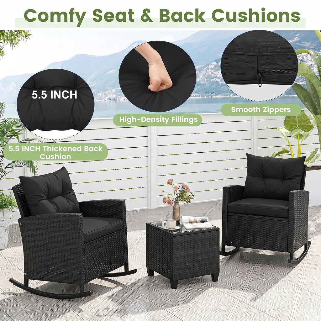 3 Piece Wicker Outdoor Rocking Chairs Set (Black)