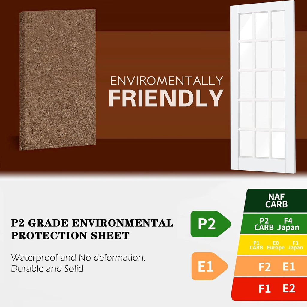French Door, 32" x 80", 15-Lite Clear Glass, Prehung Interior Door, Right-Handed, White MDF with Door Jamb & Hardware Kit