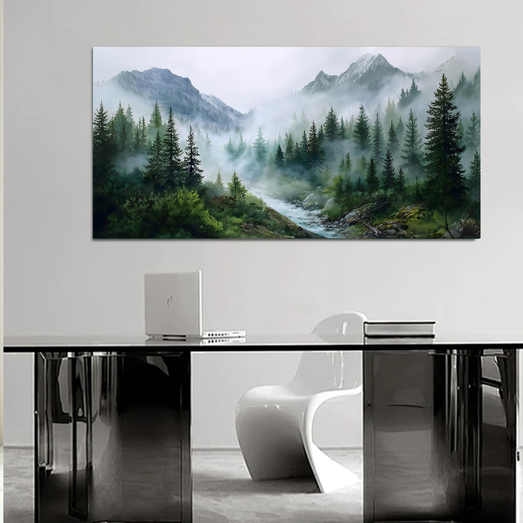 Large Misty Forest Wall Art Green Mountain Landscape Canvas Prints with Trees and River Modern Nature Artwork Office