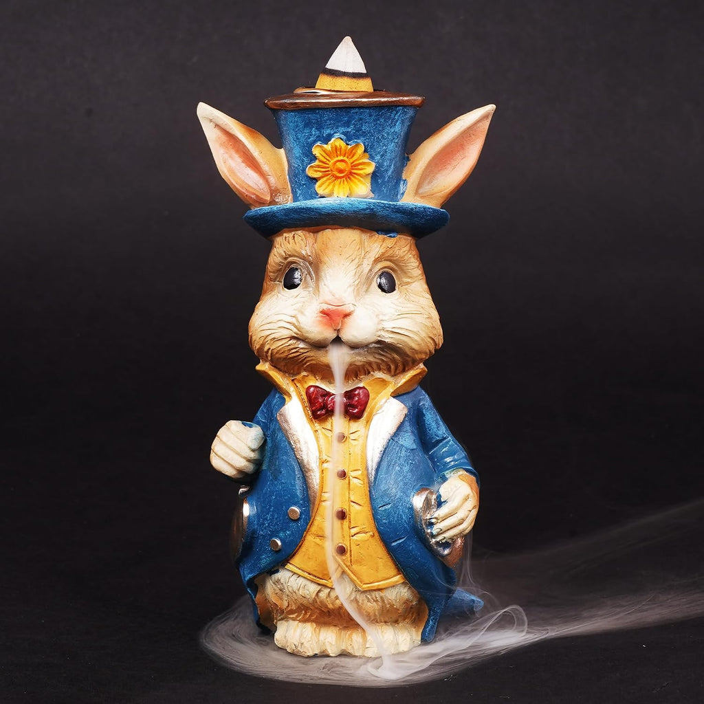 Alice in Wonderland Rabbit Backflow Incense Burner | 6.25 x 2.5 Inches | Hand-Painted Cold Cast Resin Decorative