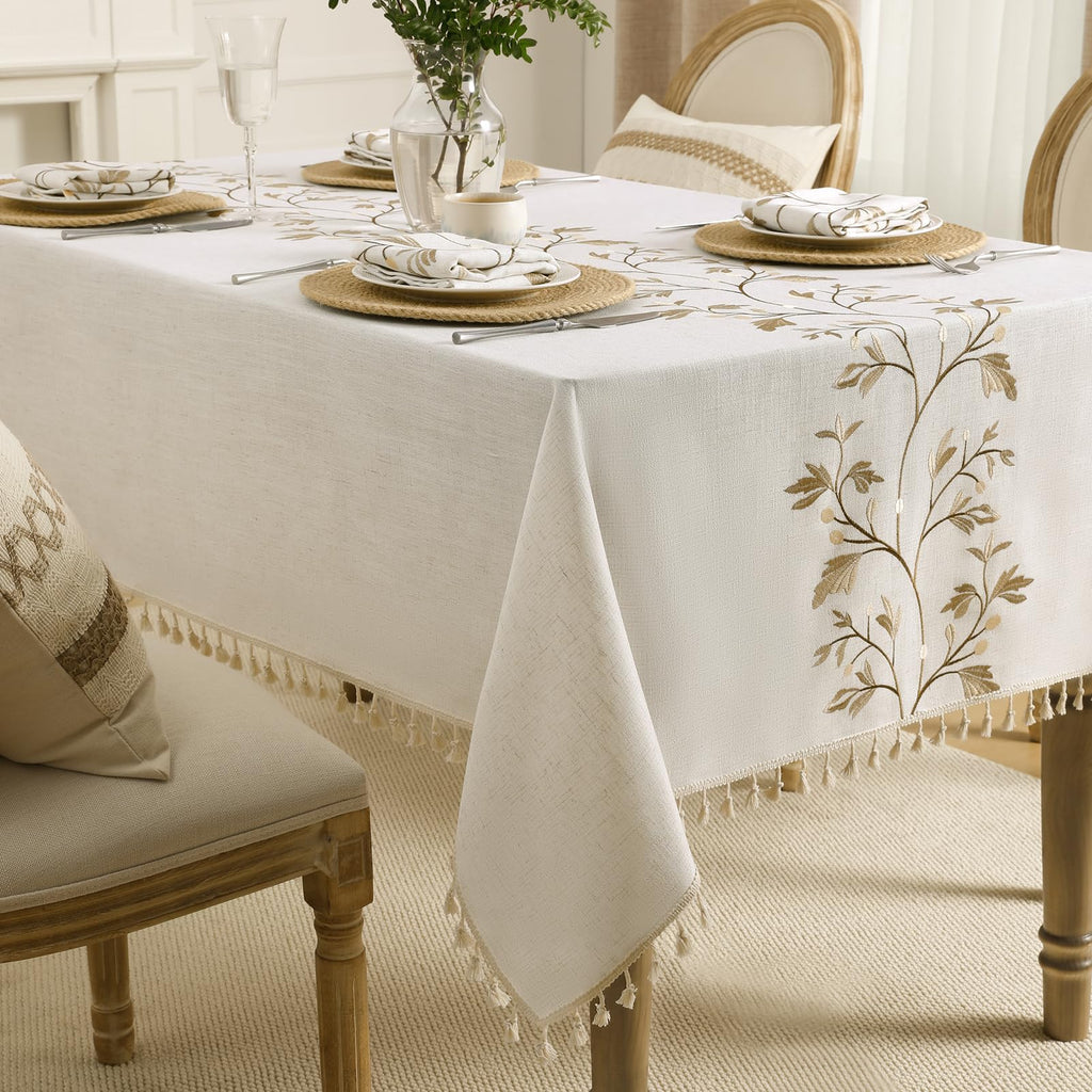 Cotton Linen Rectangle Tablecloth with Tassel for Dining Table, Burlap Heavy Duty Floral Farmhouse Coffee Kitchen