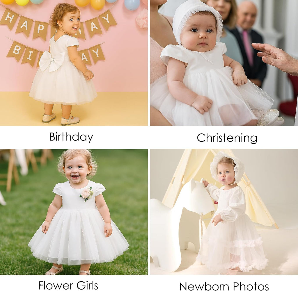 Newborn Baby Girl Christening Dress White Baptism Lace Short Sleeve Fall Wedding Dresses with Bonnet Outfit