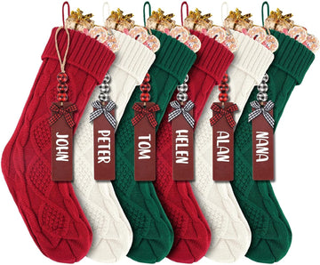 6PACK 18Inch Cable Knitted Christmas Stockings, Personalized Hanging Stockings, and Family Home Decor in Red, White