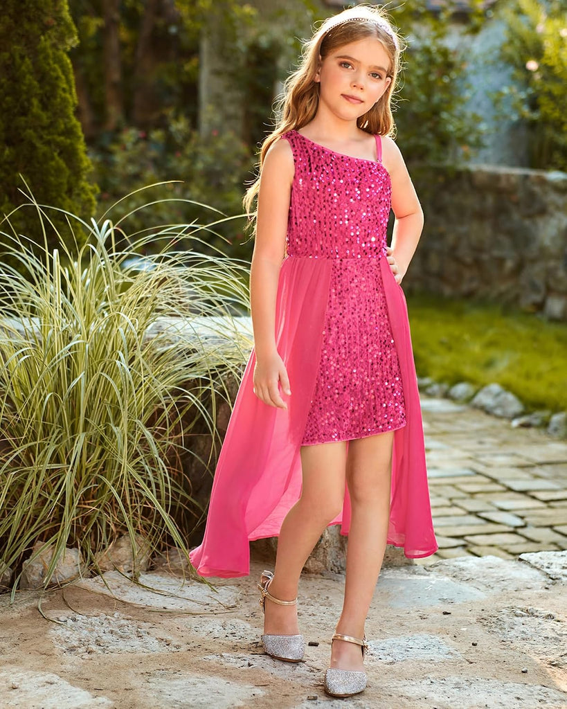Girls One Shoulder Sparkly Sequin Formal Party Dance Dress