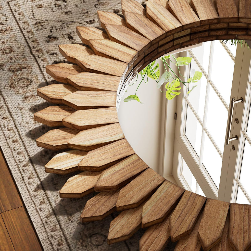 28" Round Sunburst Wooden Mirror Boho Rustic Wall Decor