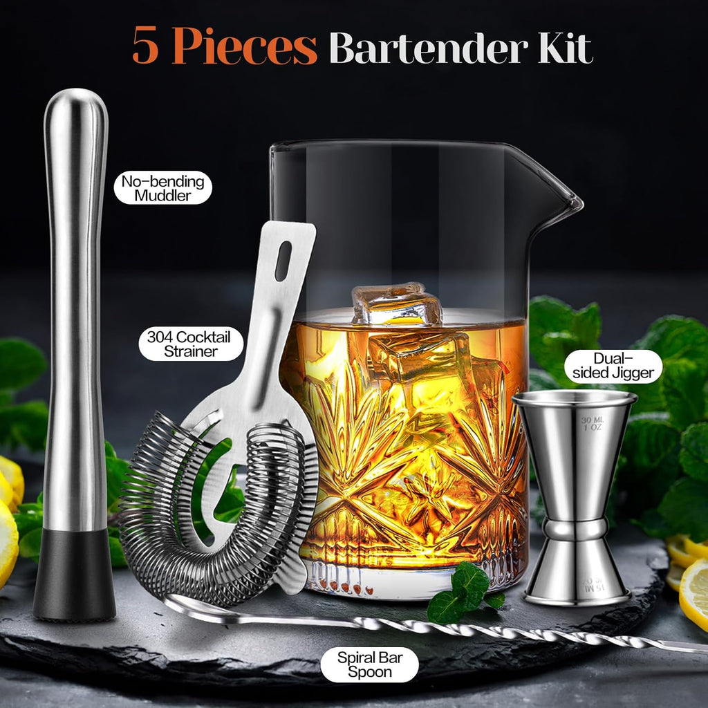 Cocktail Mixing Glass, 18oz Crystal Bartender Kit, Bar Mixing Glass Old Fashioned Cocktail Kit with Strainer - Set of 5