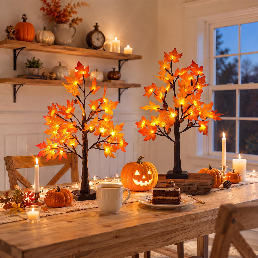 Fall Decor 2 Pack 24 Inch Maple Tree Lights - 48 LED Autumn Decorations with Pumpkins & Acorns, Timer, USB & Battery