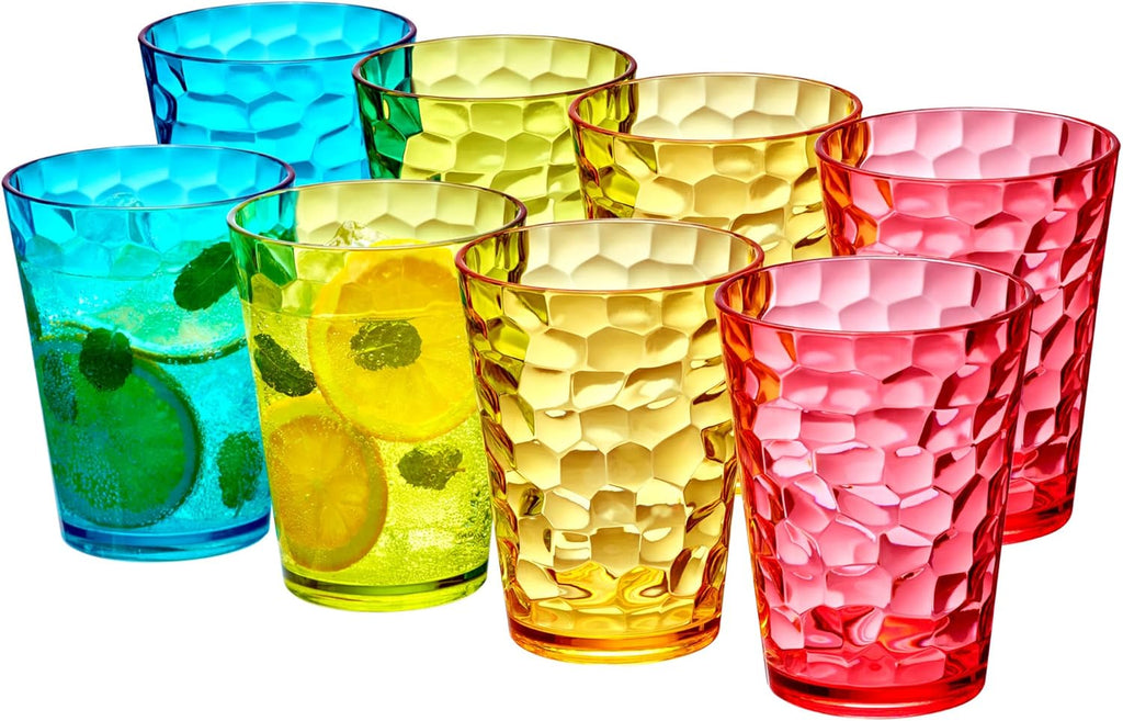 Iceberg - 16-Ounce Plastic Tumblers (Set of 8), Plastic Drinking Glasses, Mixed-Color Reusable Cups, Stackable