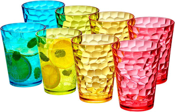 Iceberg - 16-Ounce Plastic Tumblers (Set of 8), Plastic Drinking Glasses, Mixed-Color Reusable Cups, Stackable