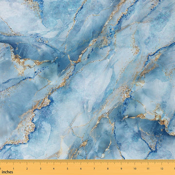 Marble Fabric by the Yard, Bule Marble Upholstery Fabric, Yellow Golden Line Texture Decorative Fabric, Gradient Stripe