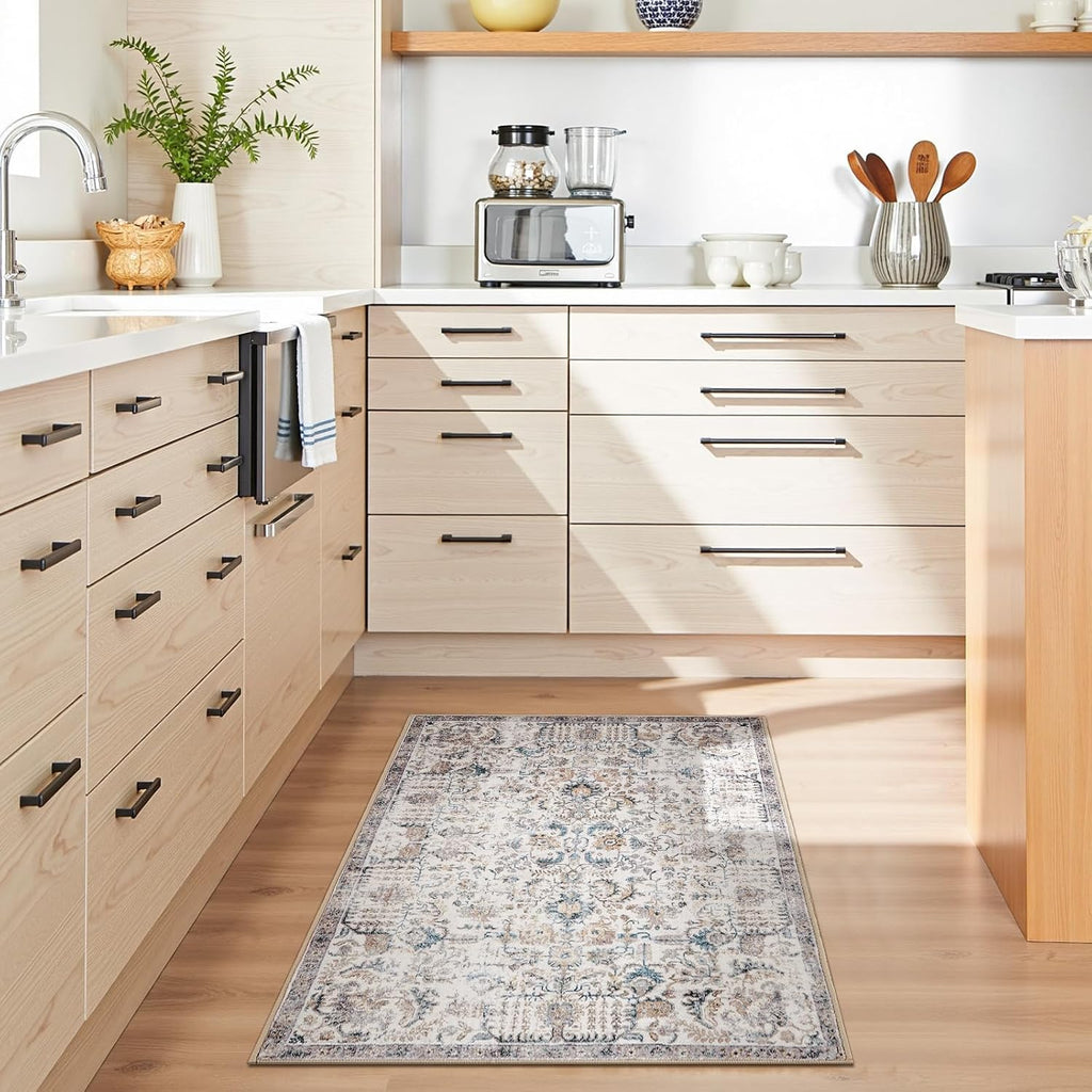 Distressed Vintage Medallion Area Rug, 2x3 Blue, Washable Non Slip
