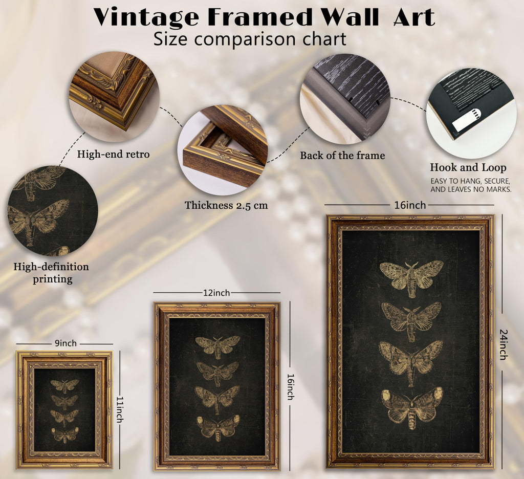 Vintage Gold Framed Moth Butterfly Canvas Wall Art - Gothic Dark Moody Cottagecore Insect Print Decor Bedroom
