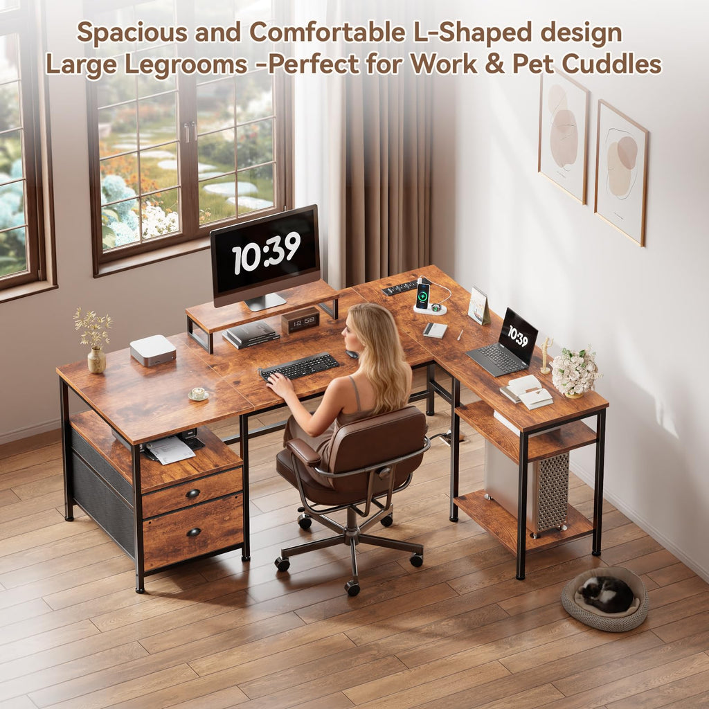 50 Inch L Shaped Computer Desk with Power Outlet, Rustic Brown