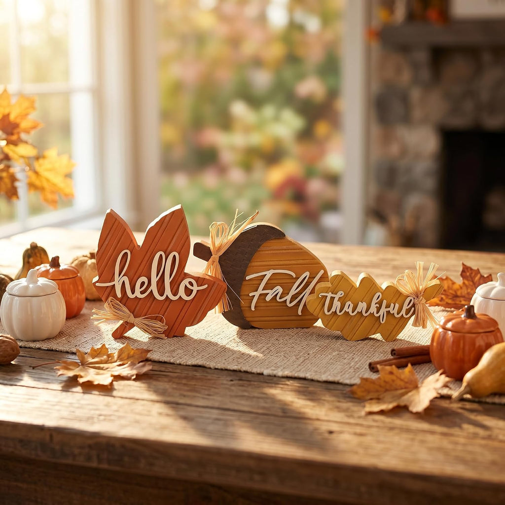 Fall Decorations, Wooden Fall Decor with Maple Leaf Oak Leaf and Acorn Table Decor, Rustic Farmhouse - Set of 3