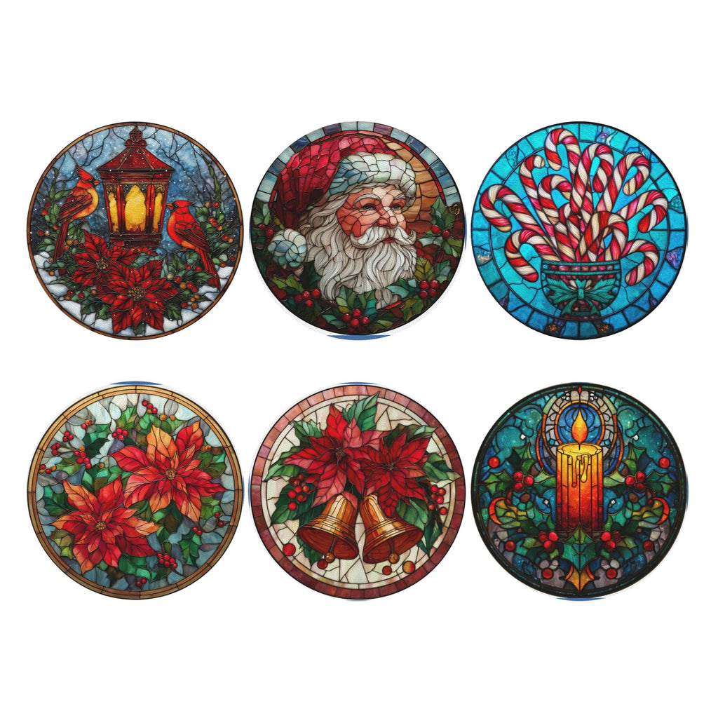 Christmas Coasters for Drinks with Holder Round Leather Coasters Set of 6 Cups Mugs Mat Pad Kitchen Bar