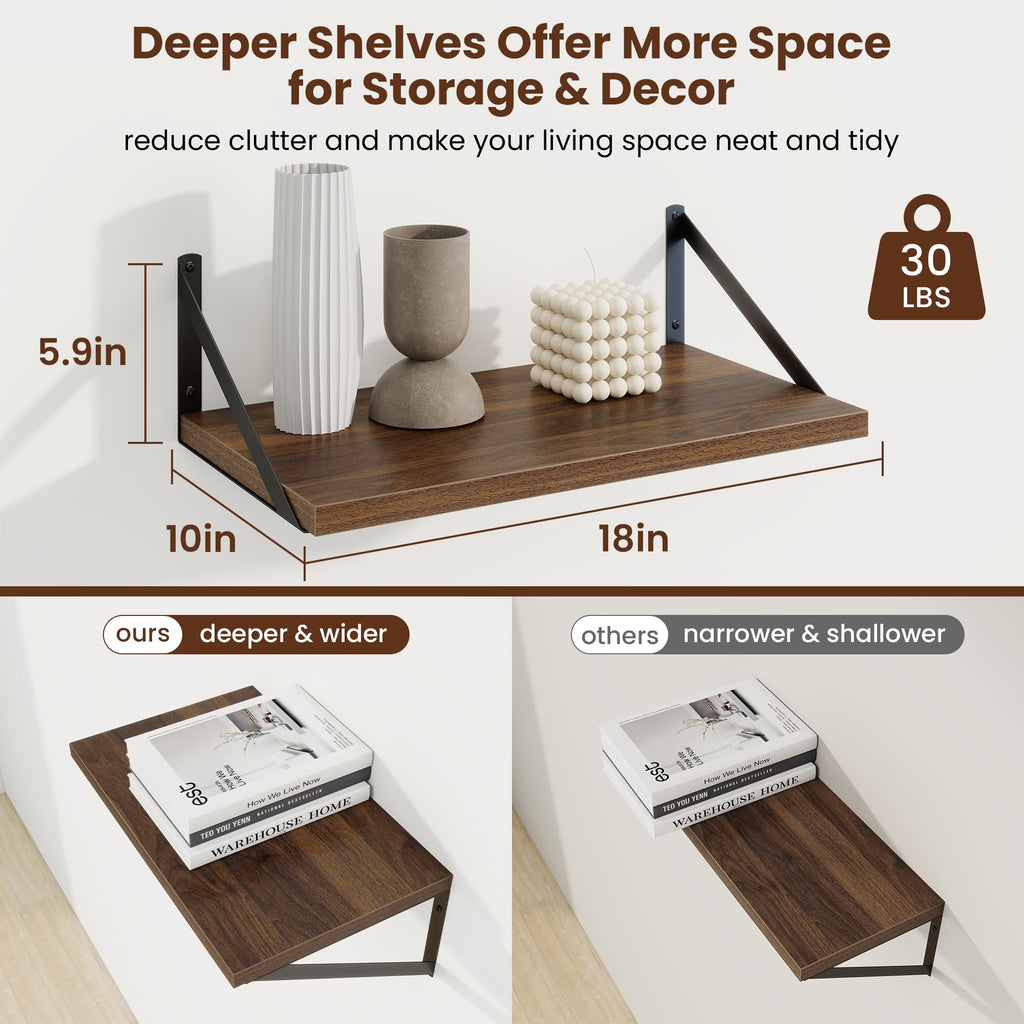 Deep Floating Shelves, 18'' x 10'' Walnut Wall Shelves Set of 2
