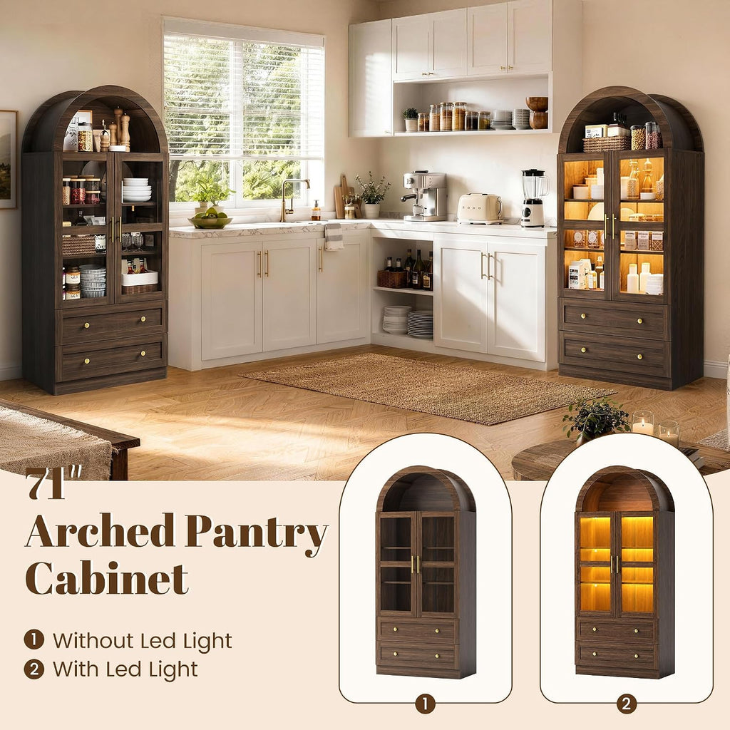 Arched Kitchen Pantry Cabinet, 71" Tall Arched Cabinet with Acrylic Doors, Farmhouse Kitchen Storage Cabinet with 2