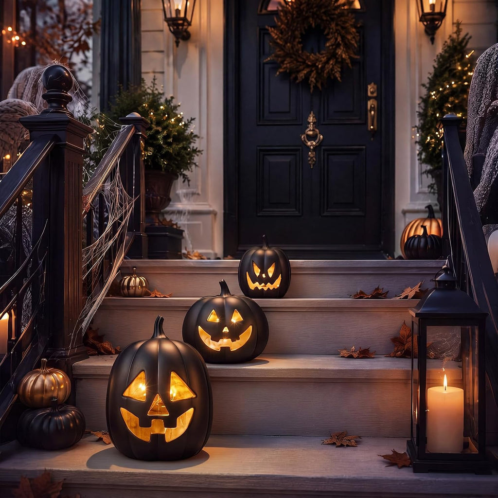 Resin Halloween Pumpkin Decor Pumpkin Lantern, Black - Set of 3