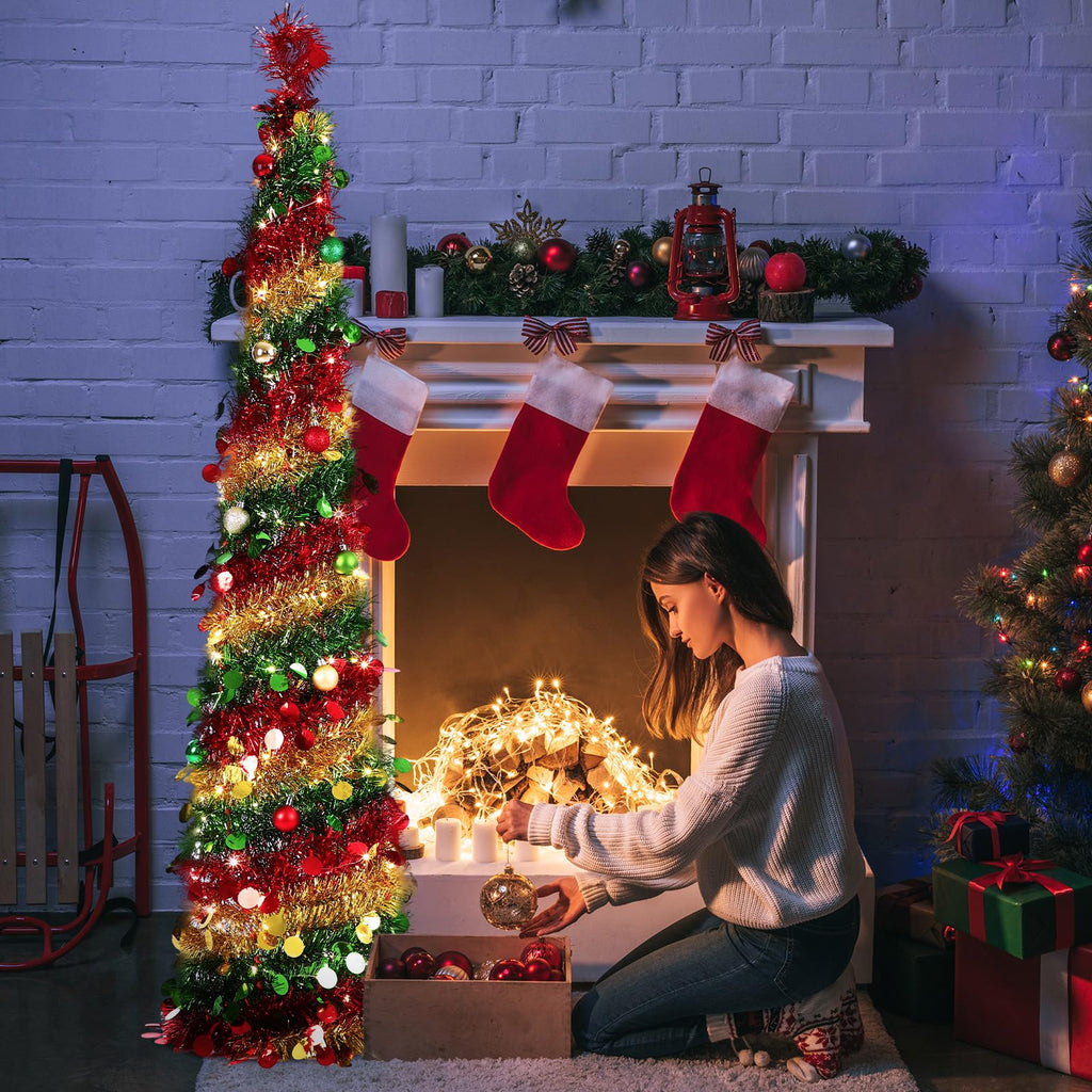 5ft Pop up with Lights and Balls Collapsible Slim Tinsel Xmas Tree Prelit Apartment Winter Party Decoration