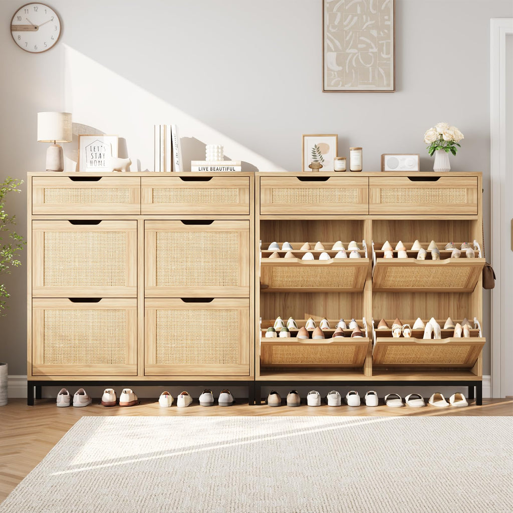 Rattan Shoe Cabinet, Boho Shoe Storage Cabinet with 4 Flip Drawers and 2 Drawers, Narrow Freestanding Shoe Rack with