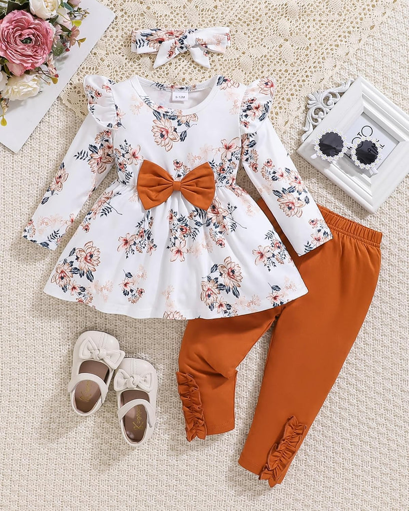 Toddler Baby Girl Clothes Infant Girl Outfits Fall Ruffle Floral T-Shirt Top Pants Set Winter Spring Clothes