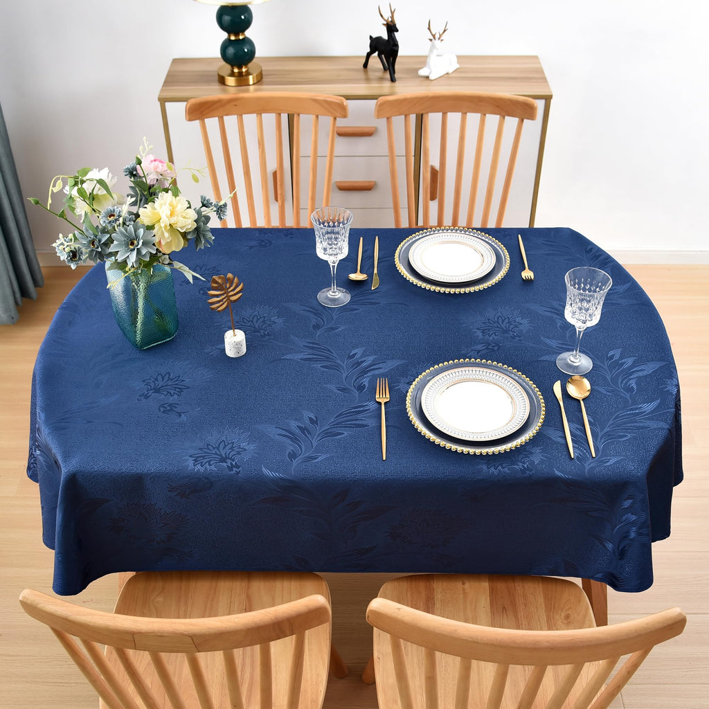 Shiny Oval Jacquard Tablecloth 60 x 102 Inch Navy Blue