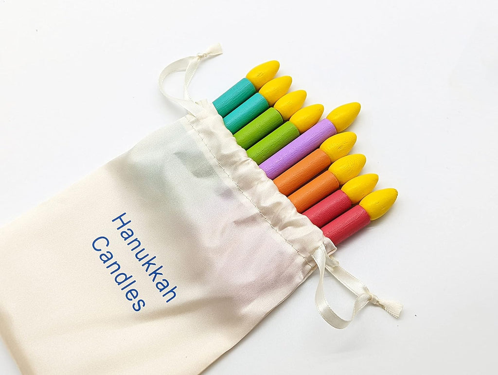 Wooden Hanukkah for Kids - Chanukah Set with 9 Removable Multicolored Candles, Storage Bags, Educational Color Toy