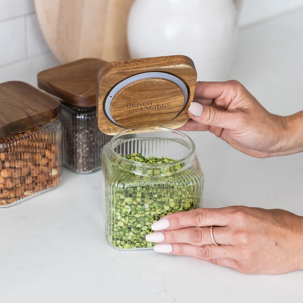 Ribbed Glass Square Jar with Wooden Lid 25fl.oz - Set of 3 | Airtight Fluted Storage Canister for Food, Pasta