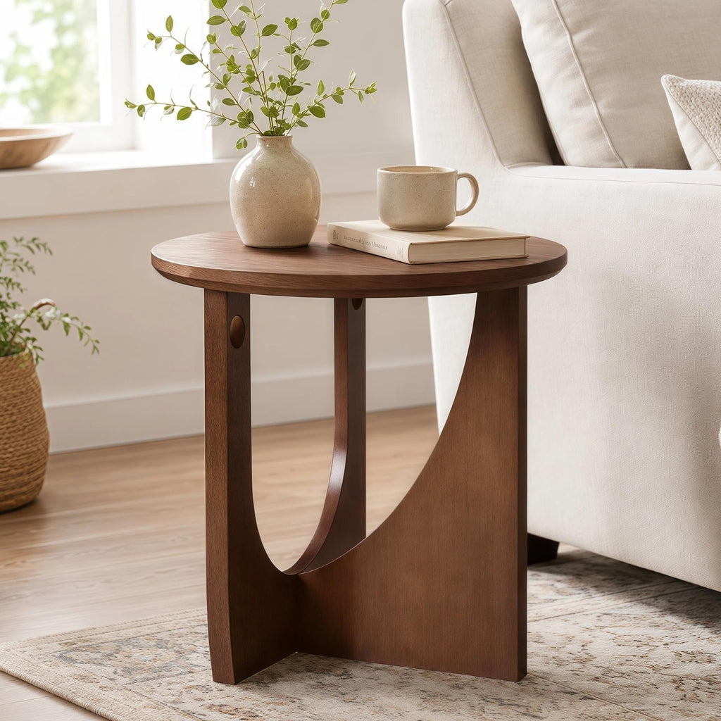 100% Solid Wood Round Side Table, 19.7'' Walnut Brown Small End Table, Sofa Side Table with Sculptural Curved Base