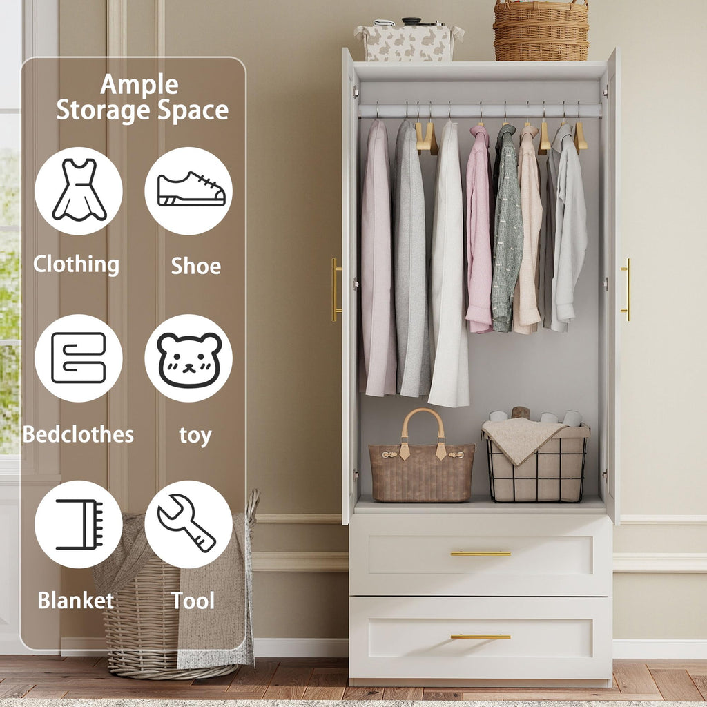 White Armoire Wardrobe Closet with 4 Drawers, 75" Tall x 63" Wide