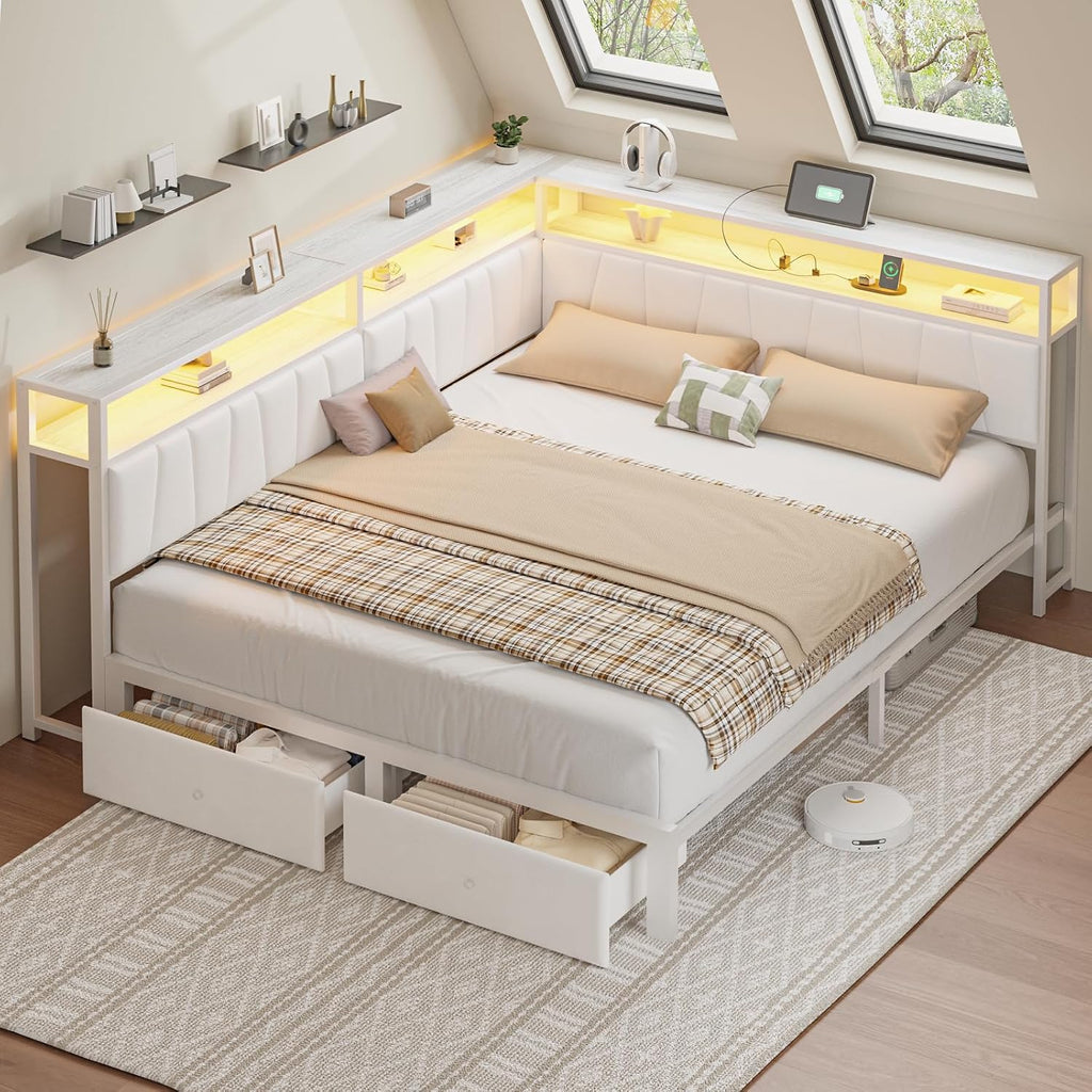 Queen Corner Bed Frame with Storage Drawers, Modern Daybed with LED Lights and Charging Station, Metal Platform Bed