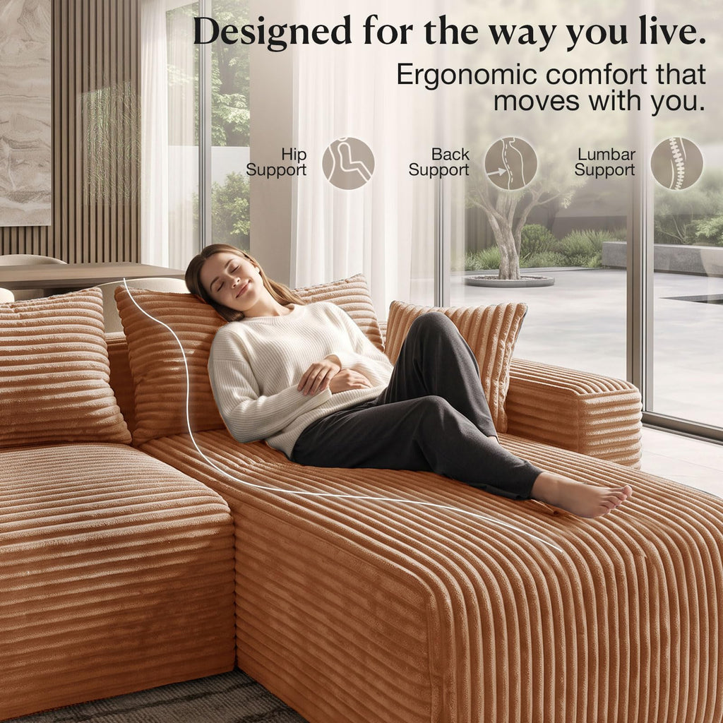 Boneless Couch 95" U-Shaped Sectional Couches with Ottoman, Brown