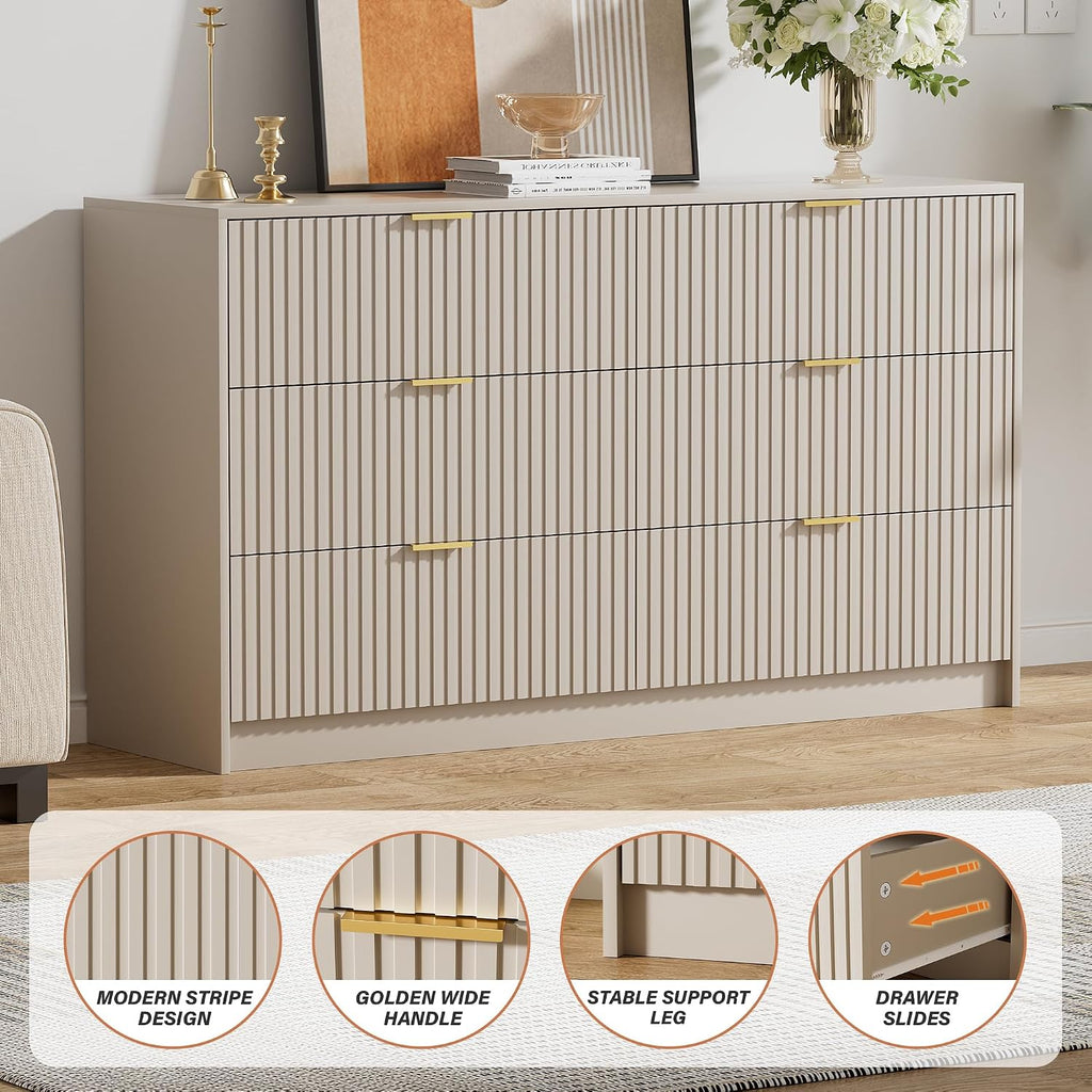 Beige Dresser , Modern Dresser with 6 Drawers and Smooth Slides, Wide Chest of Drawers with Golden Handles , Closet