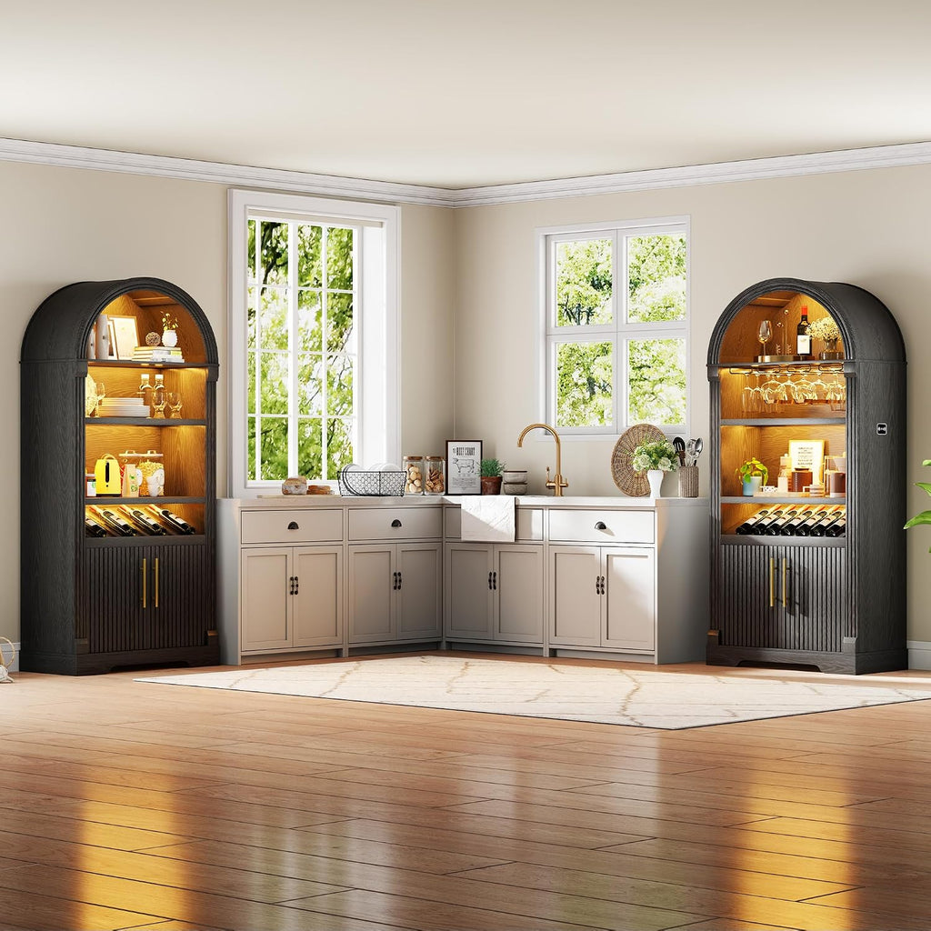 71" Arched Fluted Wine Bar Cabinet with LED Light and Wine Rack (Black) | Coffee Bar Cabinet Liquor Cabinet Motion