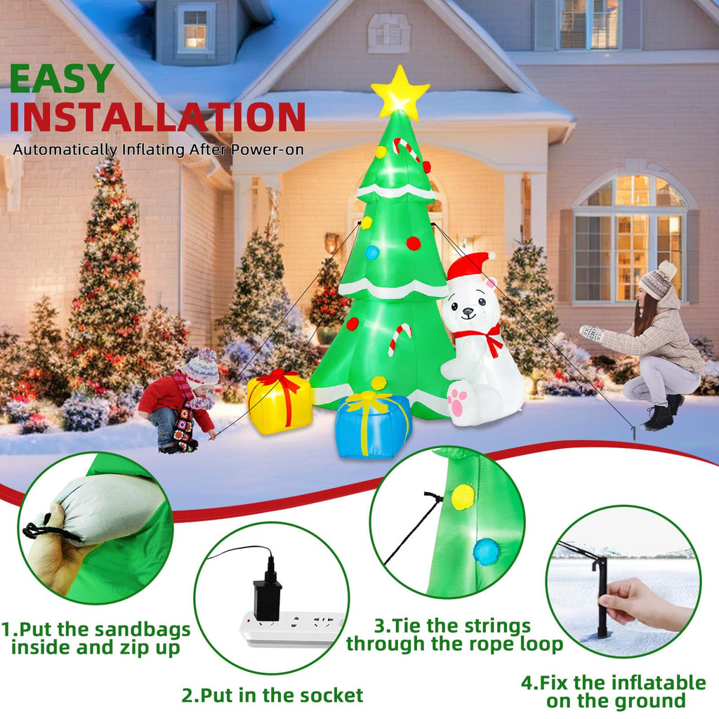 8FT Inflatable Tree Christmas Decorations Outdoor, Xmas Inflatables Polar Bear Holding Christmas Tree Built-in LEDs