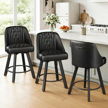 Swivel Bar Stools with Backs, 26 Inches Counter Height Bar Stools Set of 3, PU Leather Upholstered Counter Barstools