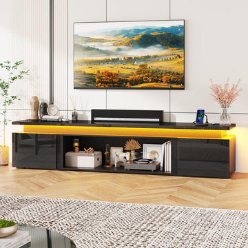 90Inch LED TV Stand for 100Inch TV, Modern TV Stand with Power Outlet, High Gloss TV Console Entertainment Center