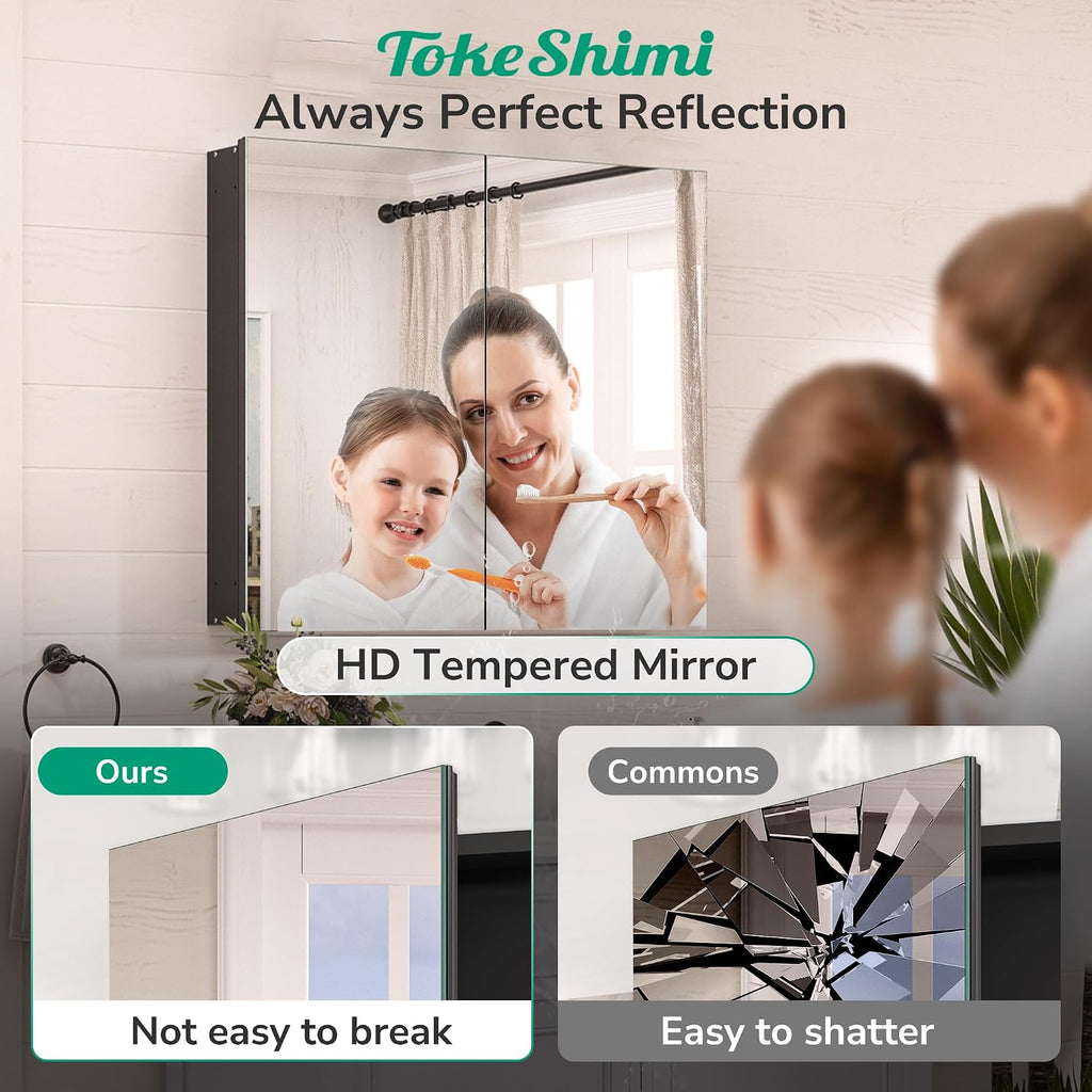 30 x 26 Surface Mount Medicine Cabinet Mirror Black, Aluminum Recessed Medicine Cabinet Mirror with Storage with