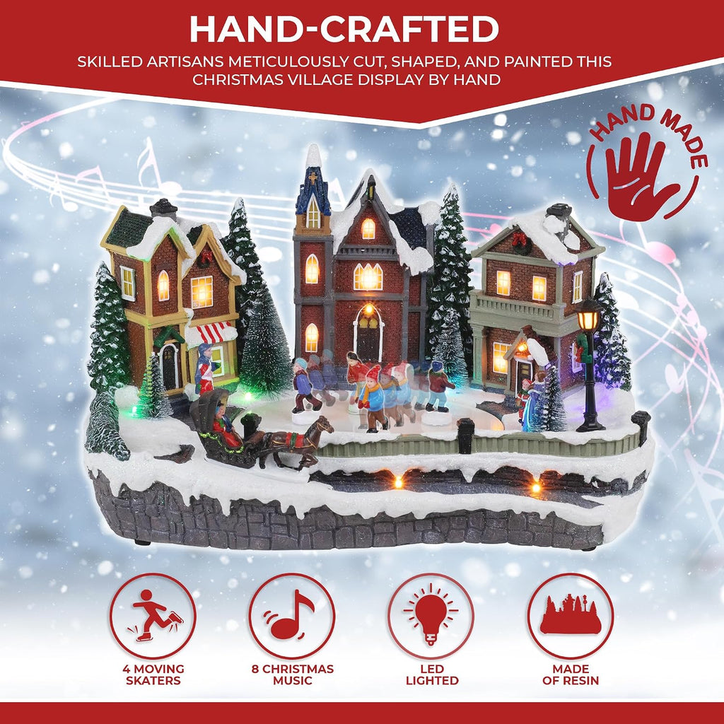 Large Animated Christmas Village Skating Town - Lighted Resin Musical Snow Scene with 4 Moving Skaters and Adapter