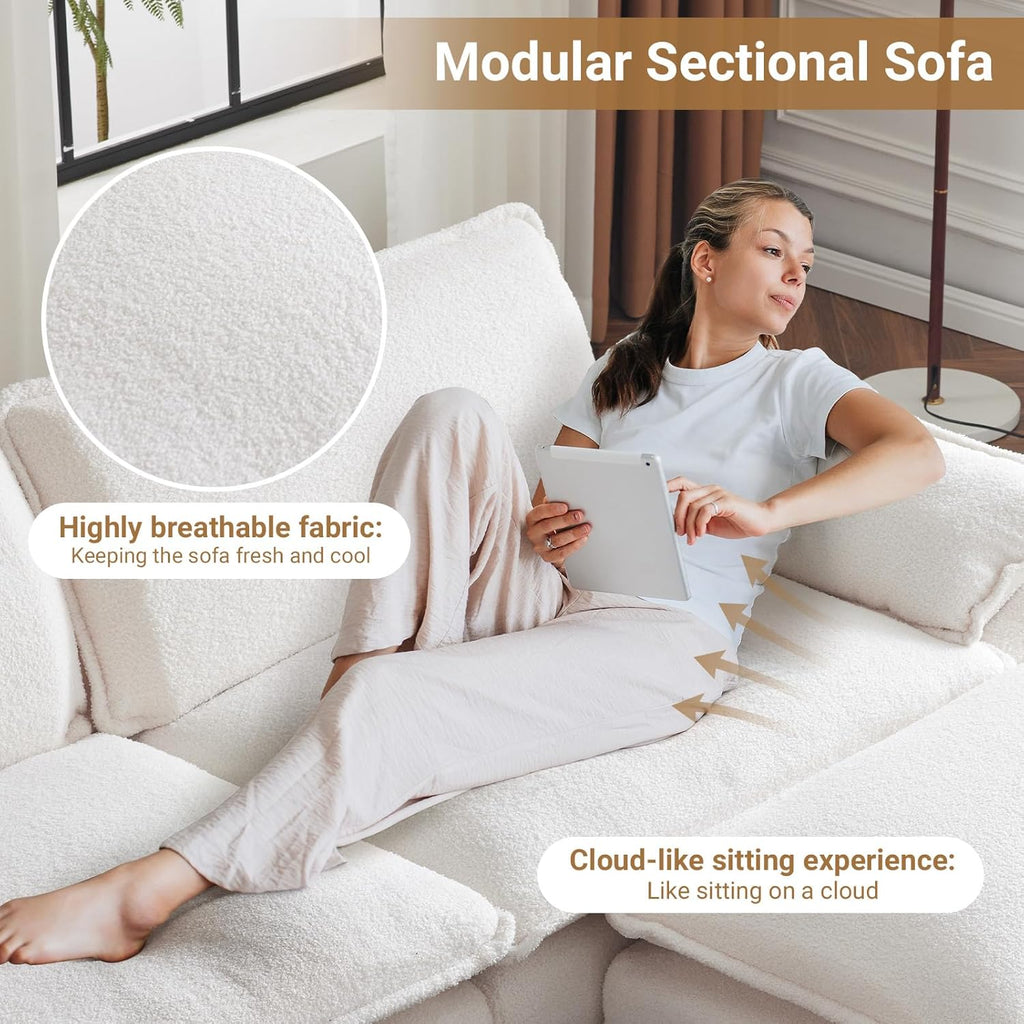 122" Cloud Teddy White Convertible Sectional Sofa