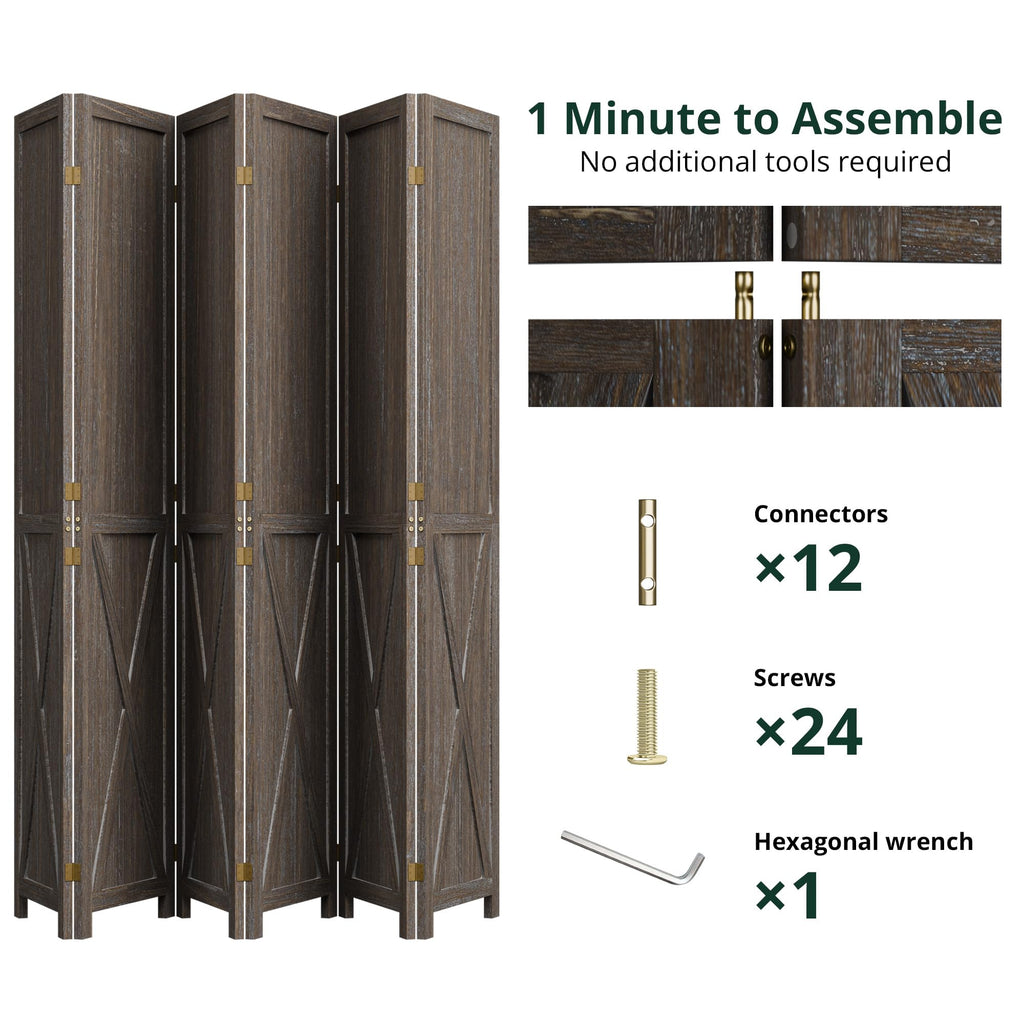 6 Panel Folding Room Divider, Solid Wood Privacy Screen, Freestanding Partition Wall, Temporary Wall